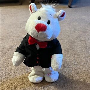 Valentines Singing White Teddy Bear in Black Suit with Red Bow Tie